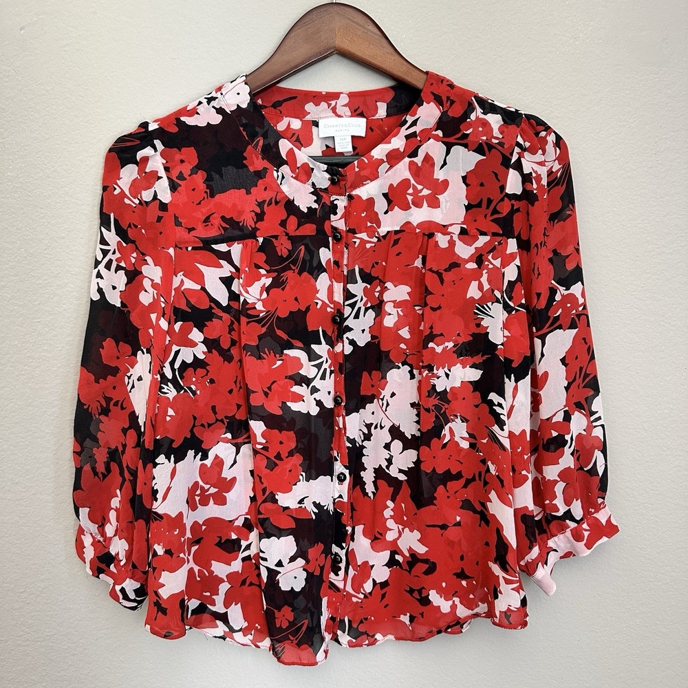 Charter Club Red Floral Silk Blouse Sheer Chiffon Button Front Romantic Office